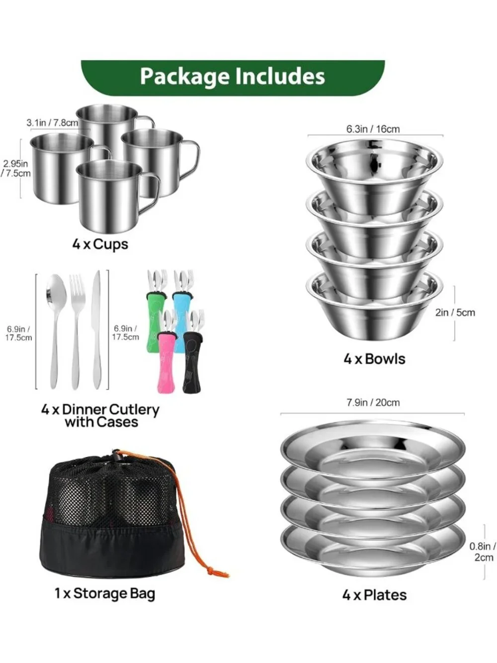 29-Piece Stainless Steel Camping Utensil Set for 4 - Lightweight Mess Kit